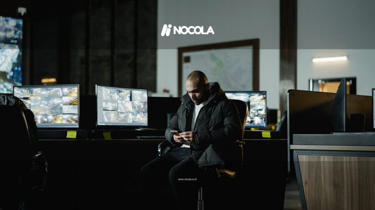 Security officer seated in a dimly lit control room, analyzing multiple surveillance screens.