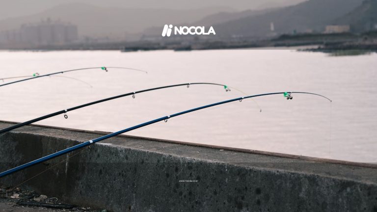 Fishing rods lined along a concrete ledge by a serene river during sunset.