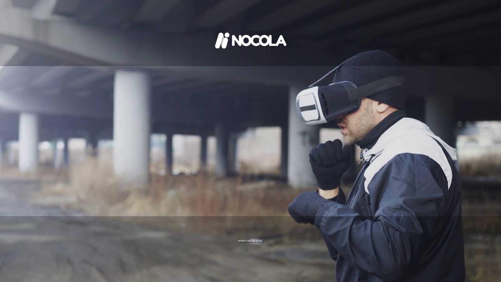 Man wearing VR headset under a bridge, exploring virtual reality outdoors.