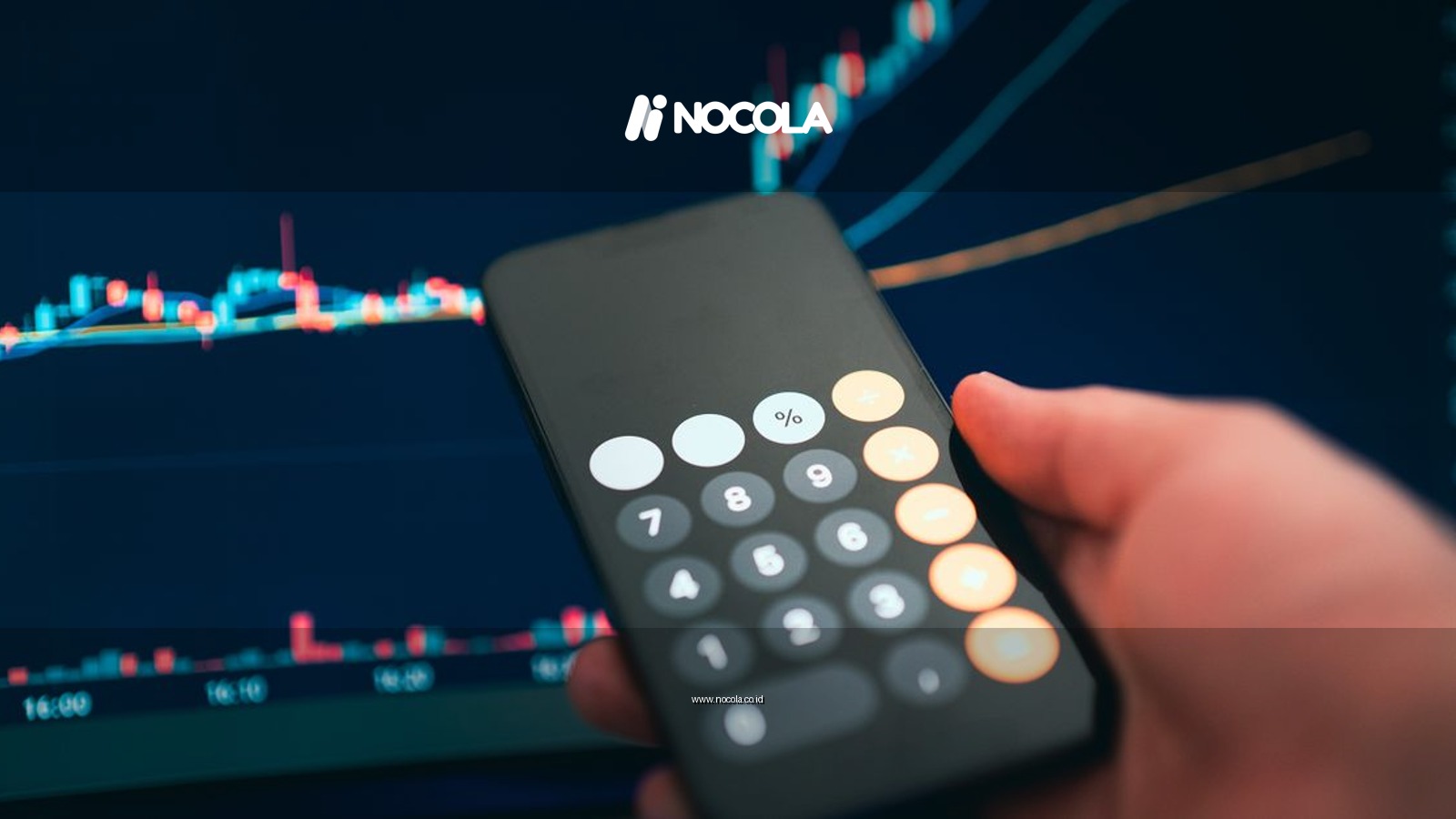 Close-up of a smartphone displaying a calculator with a financial chart in the background.