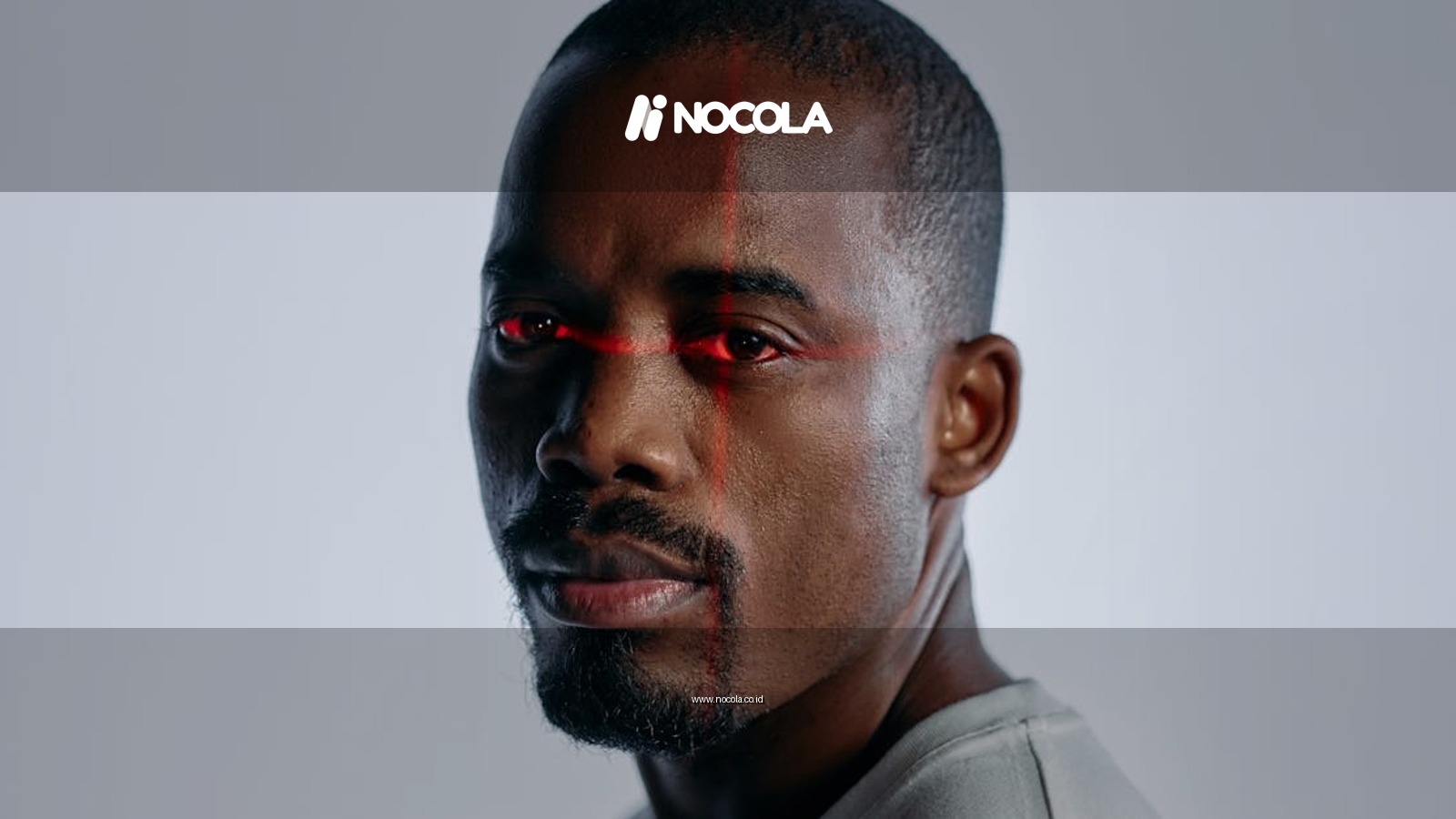 Close-up of a man with a futuristic laser scanning effect over his eyes, suggesting technology and identity themes.