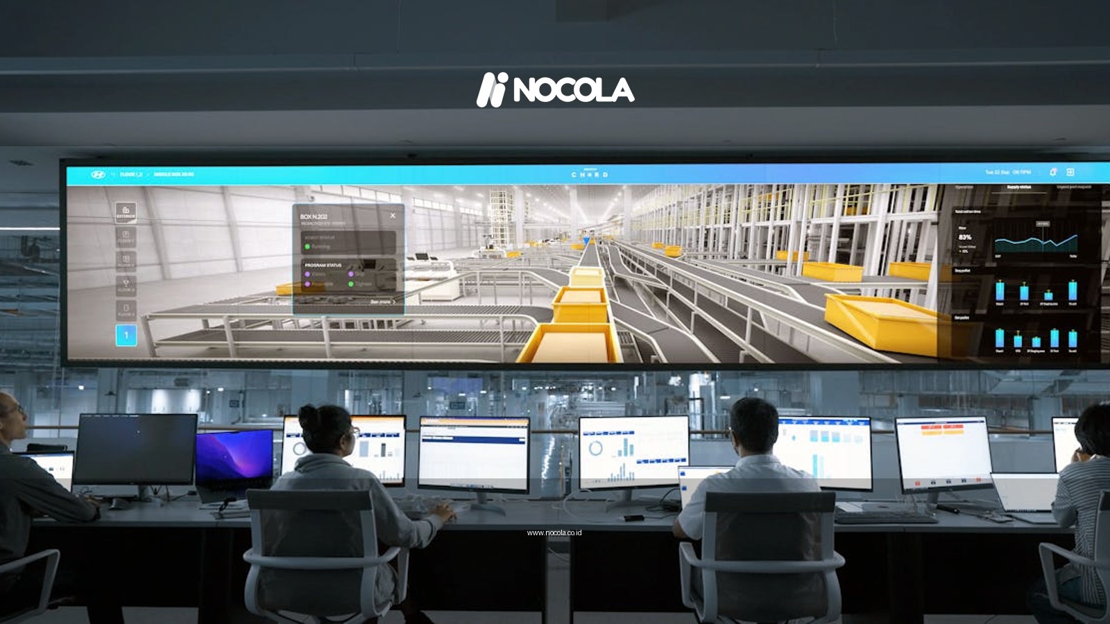 Modern control room with people monitoring large digital displays and computer systems.