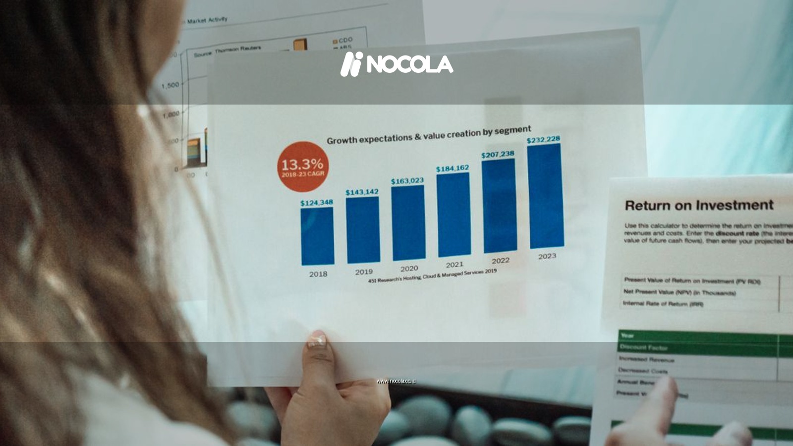 Person analyzing financial graphs and ROI reports, focusing on investment growth.